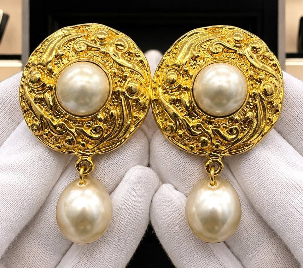 CHANEL VINTAGE GRIPOIX PEARL DROP EARRINGS 2": Vintage Chanel statement earrings featuring ornate gold-tone round medallions with richly textured raised scrollwork and baroque-inspired detailing. Each earring is centered with a large luminous faux