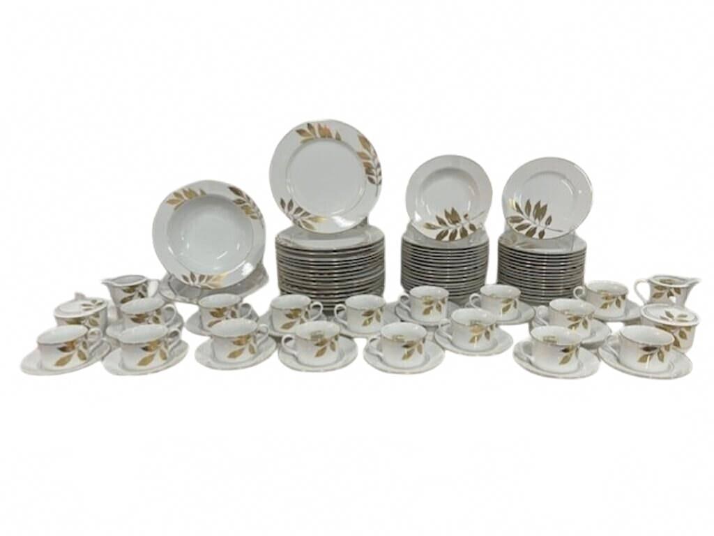 EXQUISITE SET OF MIKASA GOLD RIM CHINA 64 PIECES: EXQUISITE SET OF MIKASA GOLD RIM CHINA 64 PIECES | | INCLUDES: | 2 10" PASTA BOWLS | 15 10" SALAD PLATES | 16 3" TEACUPS WITH MATCHING 6" SAUCERS | 12 11" DINNER PLATES | 15 8" HORDEURVE PLATES | 2 CR