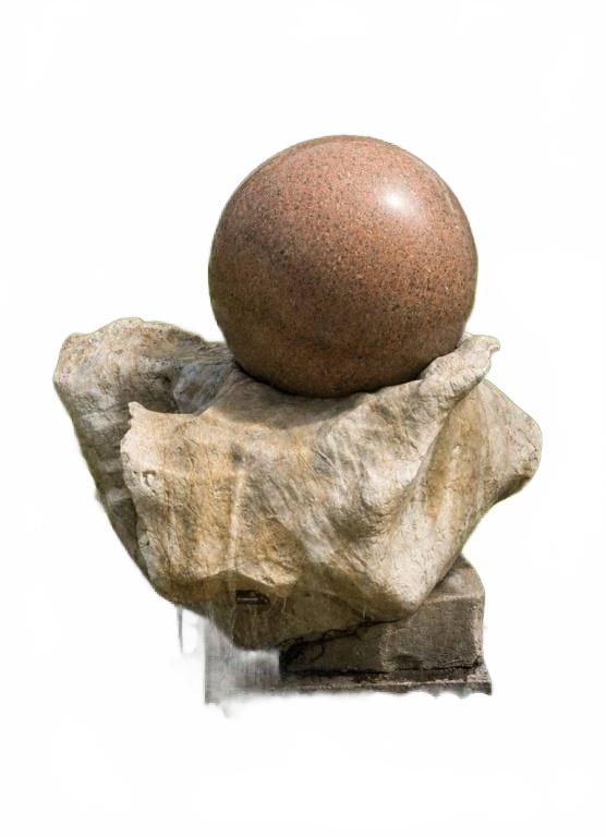 GRANITE SPHERE GARDEN SCULPTURAL FOUNTAIN 48": Substantial outdoor garden sculpture featuring a polished rose granite sphere resting atop an organically formed natural stone base. This striking landscape element combines the geometric elegance of 