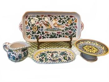 DERUTA ITALIAN HANDPAINTED CERAMIC SET: our handpainted Deruta ceramics from Italy, including two serving trays, one compote, and one creamer. All pieces are marked "Made in Italy." Features vibrant traditional floral and bird motifs. Minor