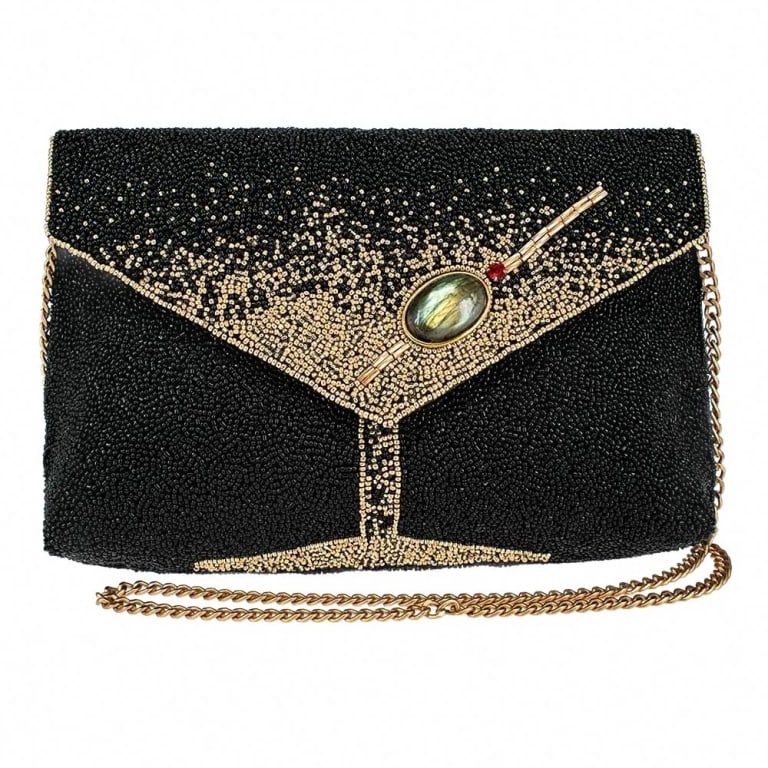 NEW MARY FRANCES OLIVE YOU BAG: Lift your spirits with this beaded crossbody clutch that is nothing short of sensational! Thousands of hand-sewn beads create a sparkling martini design with a genuine natural Labradorite gemstone, be