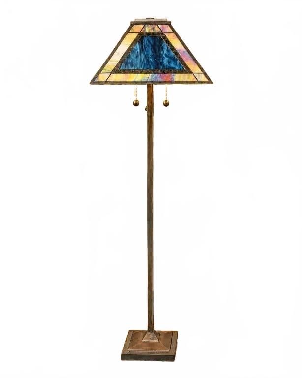 DALE TIFFANY STYLE STAINED GLASS FLOOR LAMP 63": This floor lamp features a stained glass shade in vibrant colors and a sturdy, pyramid-shaped metal base. The pull chain is marked "Dale," indicating a Tiffany-style design. The lamp displays quality