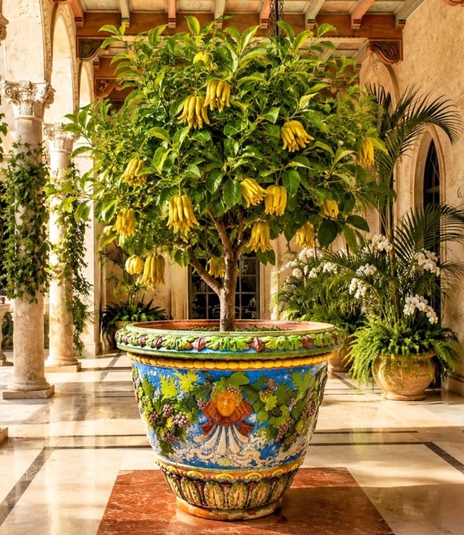 MASSIVE FLORENTINE 19TH CENTURY JARDINERE 28": Impressive monumental Italian hand-painted terracotta garden planter or jardini?re, richly decorated in high relief with classical Bacchus-inspired masks surrounded by grape clusters, grape leaves and