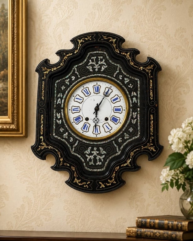 ANTIQUE MOTHER-OF-PEARL WALL CLOCK 25": Striking antique wall clock featuring an elaborately shaped ebonized wood case richly decorated with shimmering mother-of-pearl shell inlay in floral, foliate and scrolling motifs. The ornate architec