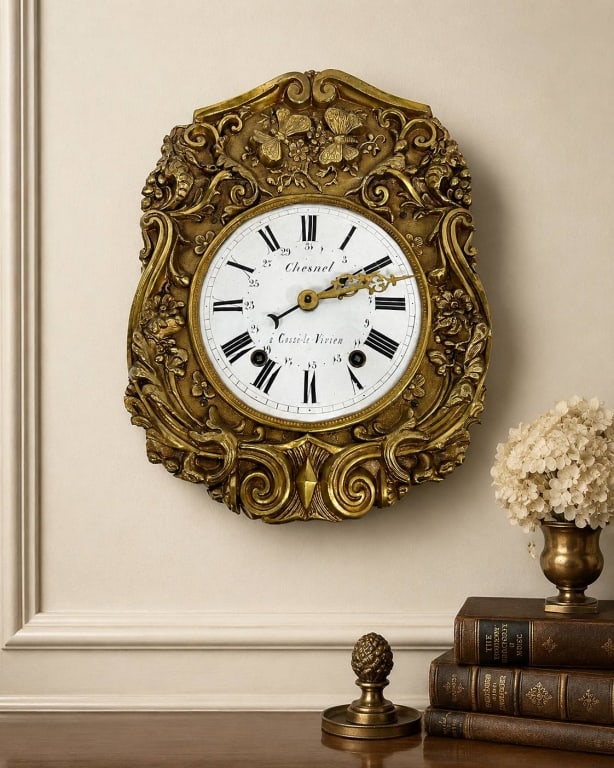 ANTIQUE CHESNEL FRENCH WALL CLOCK 16": Antique French Chesnel wall clock from Coss?-le-Vivien, France, featuring an elaborate gilt-brass repouss? surround richly decorated with butterflies, flowers, scrolling foliage and dimensional Rococo