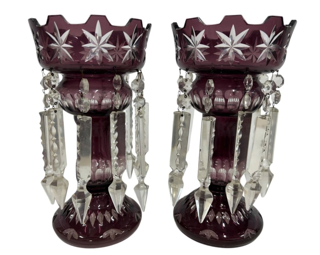 PAIR AMETHYST CUT CRYSTAL LUSTRES 12" (1 of 6)