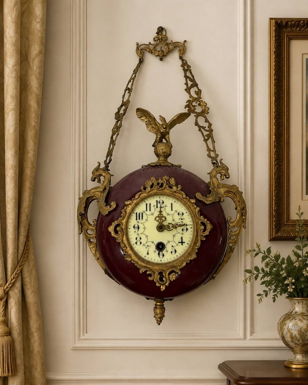 ANTIQUE FRENCH PORCELAIN WALL CLOCK 20": Striking antique French-style hanging wall clock featuring a rich burgundy glazed porcelain body surrounded by elaborate gilt-bronze/brass-tone mounts. The ornate design includes scrolling foliate sid