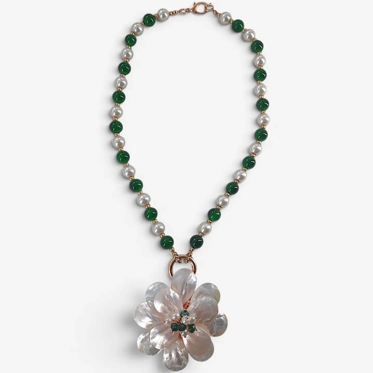 COASTAL BEADED PEAL CLASP NECKLACE: ?Ellie Necklace (Forest) | ?Length: 20" + 3" Extender | ?Weight: 3.5 Ounces | ?Lightweight Ivory Glass Pearl | ?Dark Green Glass Bead | ?Hand Shaped Mother of Pearl Flower | ?Vintage 14k GP Hardware |