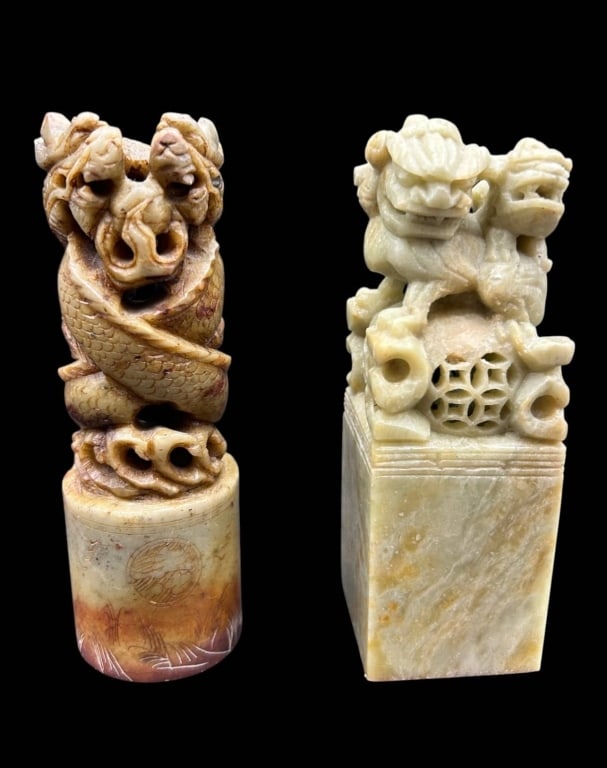 PAIR CHINESE CARVED STONE SEALS DRAGON FOO DOG 5" (1 of 5)