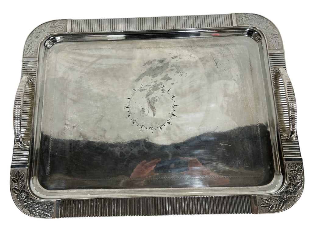 VINTAGE SILVERPLATE SERVING TRAY 24": Elegant large vintage rectangular silverplate serving tray featuring a raised border with finely ribbed linear decoration, beautifully embossed floral corner panels and substantial integrated side han