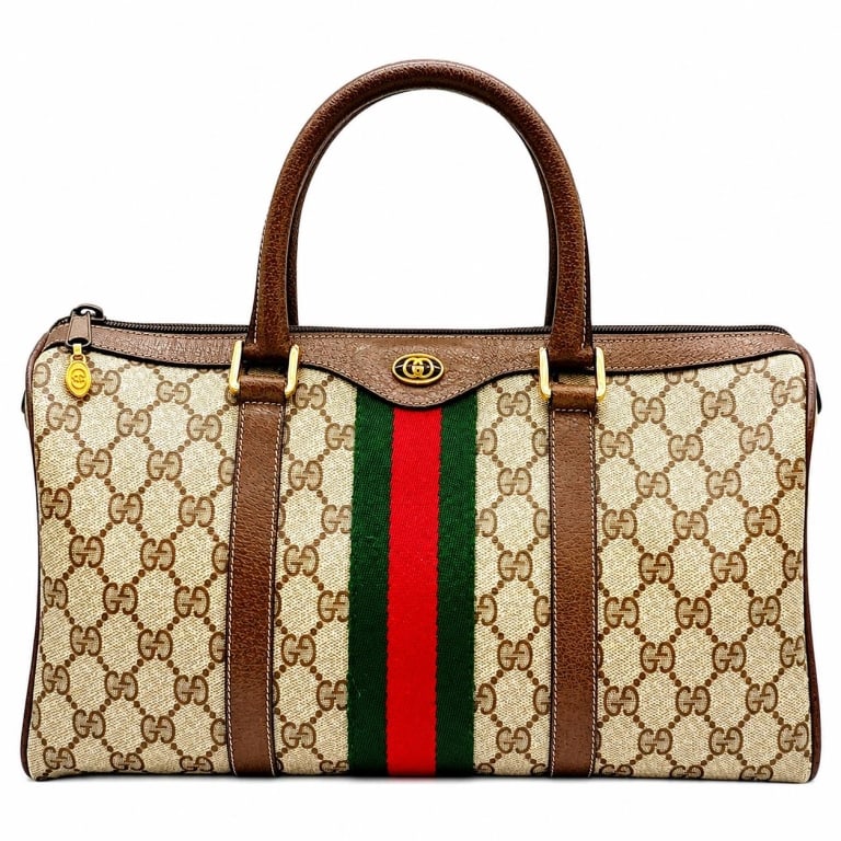 VINTAGE GUCCI GG SUPREME BOSTON BAG TAGS & COA 13": Vintage Gucci Accessory Collection GG Supreme Web/Sherry Line Boston bag featuring beige and brown GG monogram coated canvas accented by the iconic green-red-green Web stripe, rich brown leather trim,