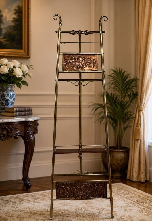 ORNATE BRASS & COPPER DISPLAY EASEL 70": Tall vintage decorative floor-standing display easel or art stand crafted in brass-tone metal with contrasting embossed copper-tone panels. The architectural openwork frame features elegant shepherd's