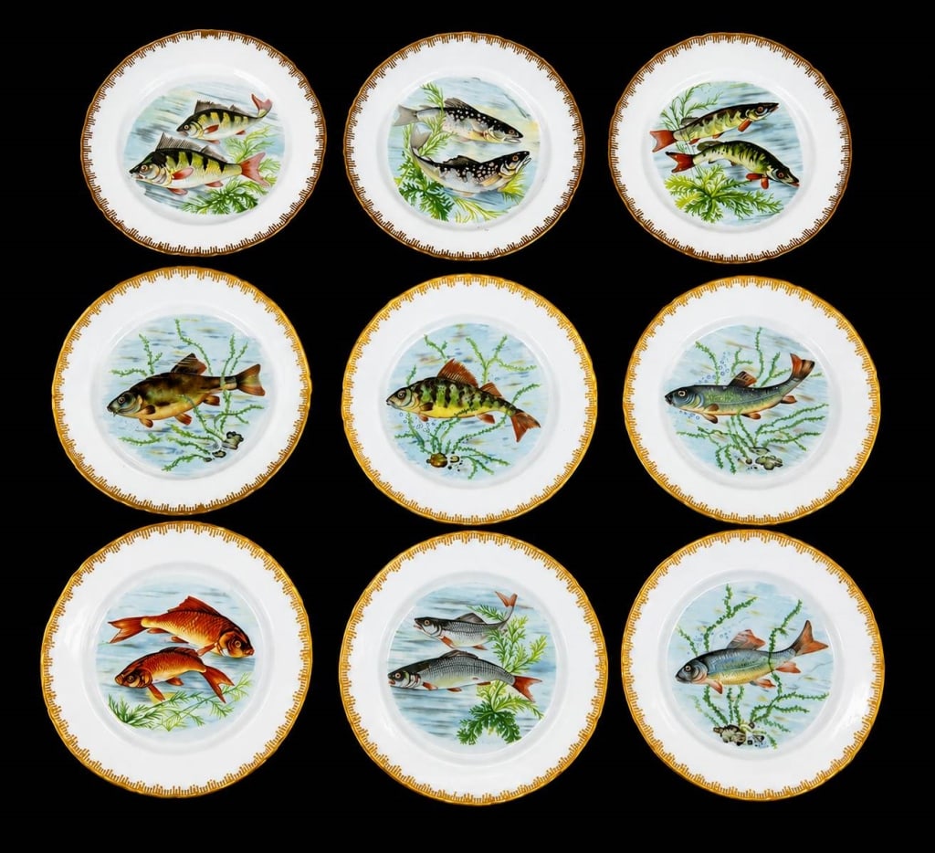 HAND PAINTED FRENCH FISH PLATES SET OF 10 8" (1 of 15)