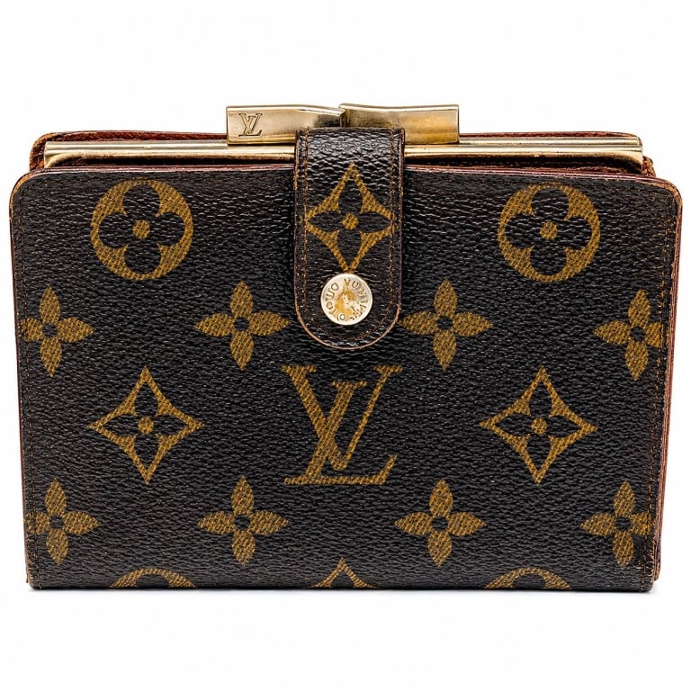 LOUIS VUITTON VIENNOIS MONOGRAM WALLET 5.5": Vintage Louis Vuitton Porte Monnaie Viennois bifold wallet crafted in signature brown Monogram coated canvas with natural brown cross-grain leather interior. Features a snap-tab closure, multiple card