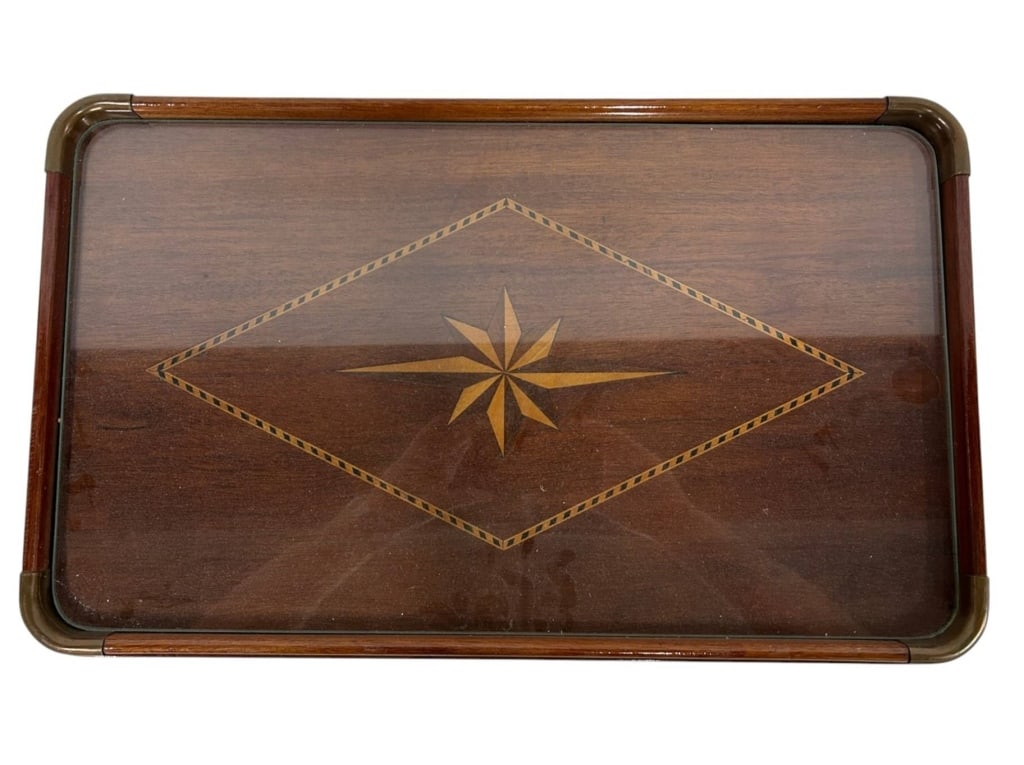 VINTAGE INLAID WOOD SERVING TRAY 20.5": Vintage rectangular wood serving tray featuring a rich mahogany-tone finish with decorative contrasting wood inlay. The center displays a striking geometric compass/star motif within a diamond-form in