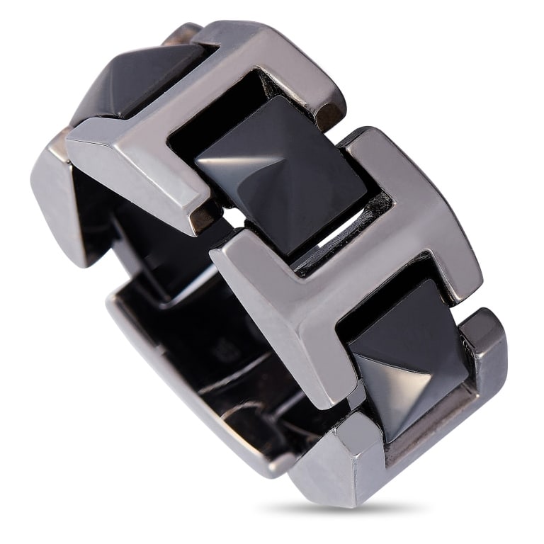 VERSACE 18K WHITE GOLD BLACK CERAMIC RING: This Versace ring is made out of 18K white gold and black ceramic and weighs 10.1 grams. It boasts band thickness of 10 mm and top height of 4 mm, while top dimensions measure 22 by 22 mm.The ring is 