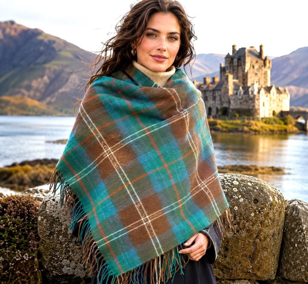 LOCHCARRON SCOTLAND PURE WOOL SCARF 58": Esteemed Lochcarron of Scotland tartan wool scarf featuring a handsome traditional plaid in rich turquoise, teal, brown and olive tones accented with red-orange and fine cream stripes. Woven in 100% p
