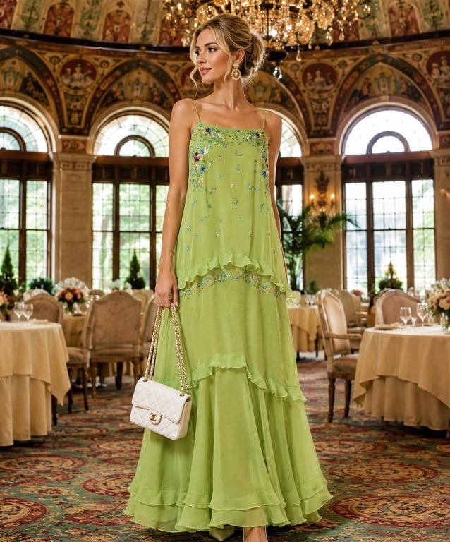 SALONI DIVINA NWT HAND EMBROIDERED SILK DRESS SZ 8: New with tags, Saloni Divina silk georgette maxi dress in the designer?s vivid Pale Apple green colorway, richly embellished with multicolor floral hand embroidery in blue, turquoise, pink, coral, cre
