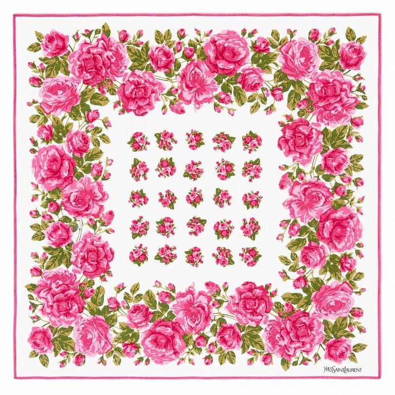 YVES SAINT LAURENT FLORAL SCARF 18": Vintage Yves Saint Laurent square scarf featuring a romantic rose motif in vivid shades of pink and rose with olive-green foliage on a soft ivory ground. The design is framed by a coordinating pink bo