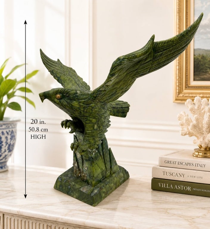 LARGE CARVED GREEN STONE EAGLE SCULPTURE 24": Impressive large-scale carved green stone eagle sculpture depicting a powerful bird of prey with wings dramatically spread in flight. Expertly carved throughout with deeply incised individual feather 