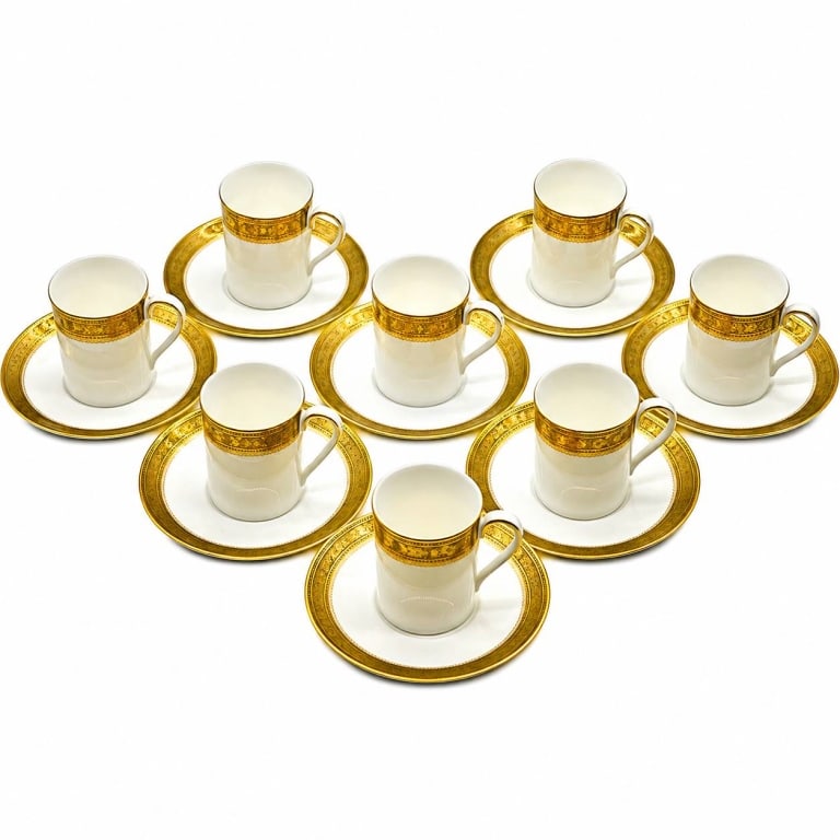 ROYAL DOULTON 8 BELVEDERE DEMITASSE CUPS & SAUCERS: Set of 8 Royal Doulton Belvedere bone china espresso or demitasse cups featuring a classic white ground with ornate gold gilt decoration, richly patterned borders and elegant gilt handles. These petit