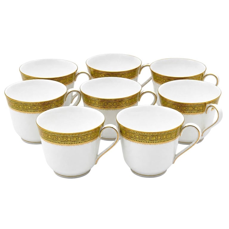 ROYAL DOULTON BELVEDERE 9 COFFEE CUPS 3.25": Set of nine Royal Doulton English fine bone china coffee cups in the elegant Belvedere H.5001 pattern. Each cup features crisp white bone china accented by an ornate sage-green and richly gilt border 