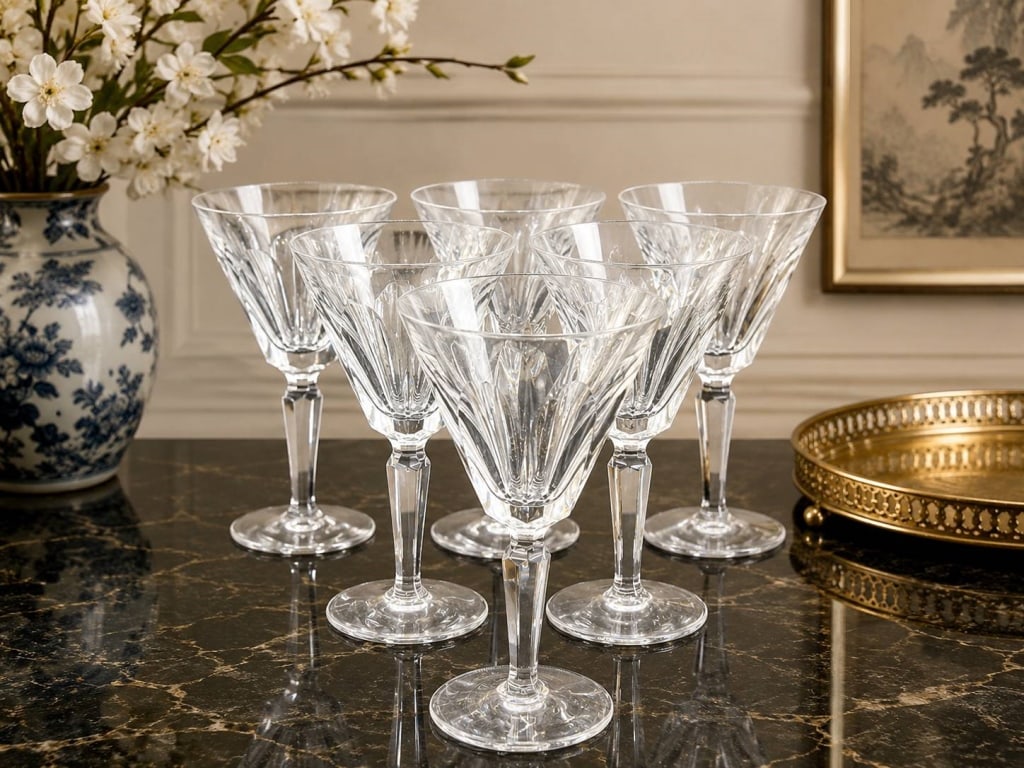 WATERFORD CRYSTAL STEMWARE SET OF 6 - 7": Set of six Waterford crystal stemmed glasses featuring elegant flared bowls with deeply cut sweeping geometric decoration, faceted stems and circular bases. One glass retains the visible etched Waterf