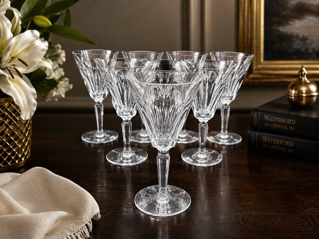 WATERFORD CRYSTAL STEMWARE SET OF 10, 6": Elegant set of approximately 10 Waterford crystal stemmed glasses featuring a classic flared bowl with deeply cut sweeping leaf/fan decoration, faceted stems and circular footed bases. Several pieces 
