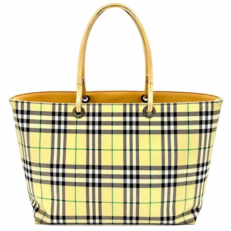 BURBERRY LONDON YELLOW NOVA CHECK TOTE BAG 15": Burberry London tote bag featuring the house's iconic Nova Check plaid in pale y ellow with black, white, burgundy and green striping. Spacious open-top silhouette is finished with long beige leather 