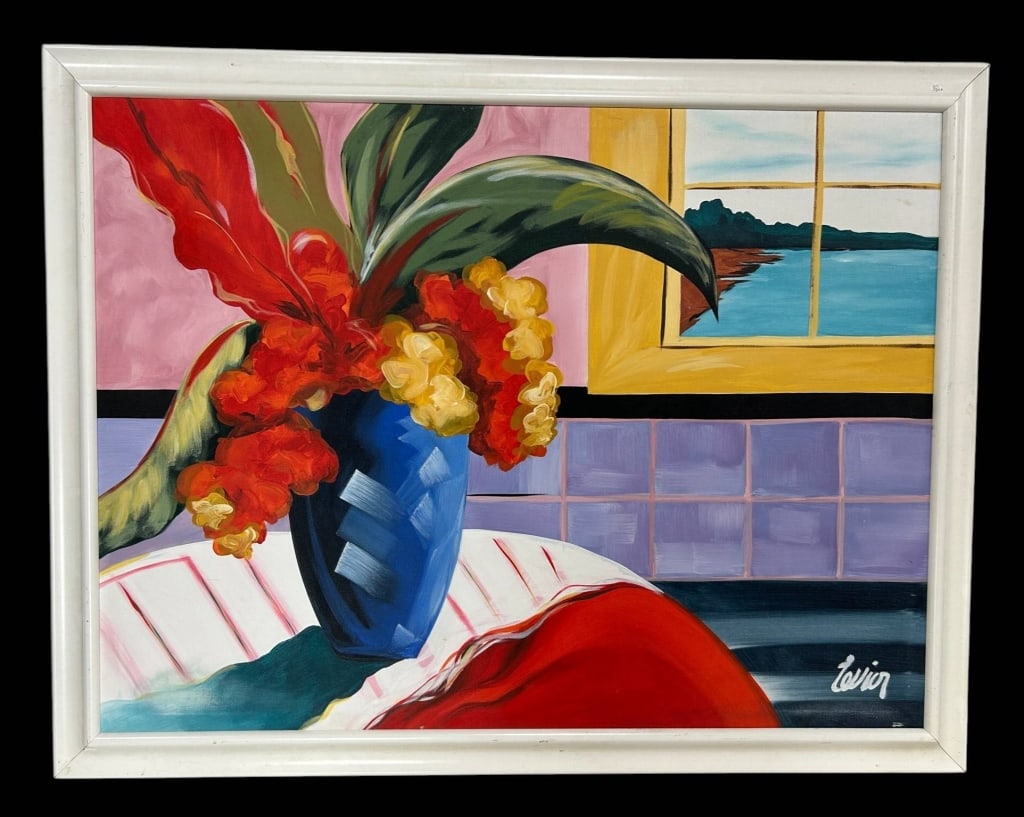 ARTIST SIGNED MODERN FLORAL INTERIOR OIL 53": Large artist-signed modern oil painting on canvas featuring a vibrant interior still-life composition with a cobalt blue vase overflowing with dramatic red, orange and yellow tropical flowers. The col