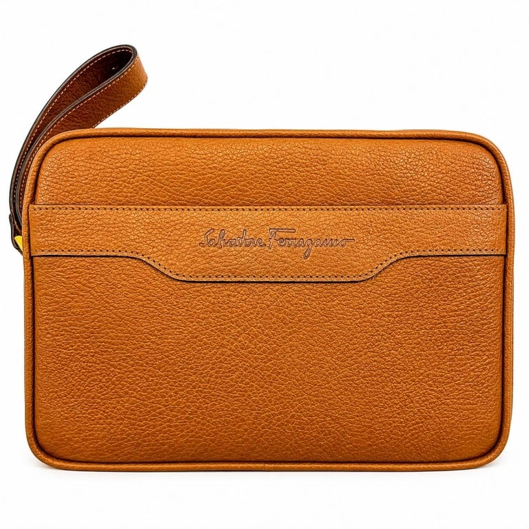 SALVATORE FERRAGAMO MEN'S PEBBLE LEATHER CLUTCH 9": Vintage Salvatore Ferragamo men's toiletry, travel or clutch bag crafted in rich cognac brown pebbled leather with piped edges and a structured rectangular silhouette. Features a full top zip closure,