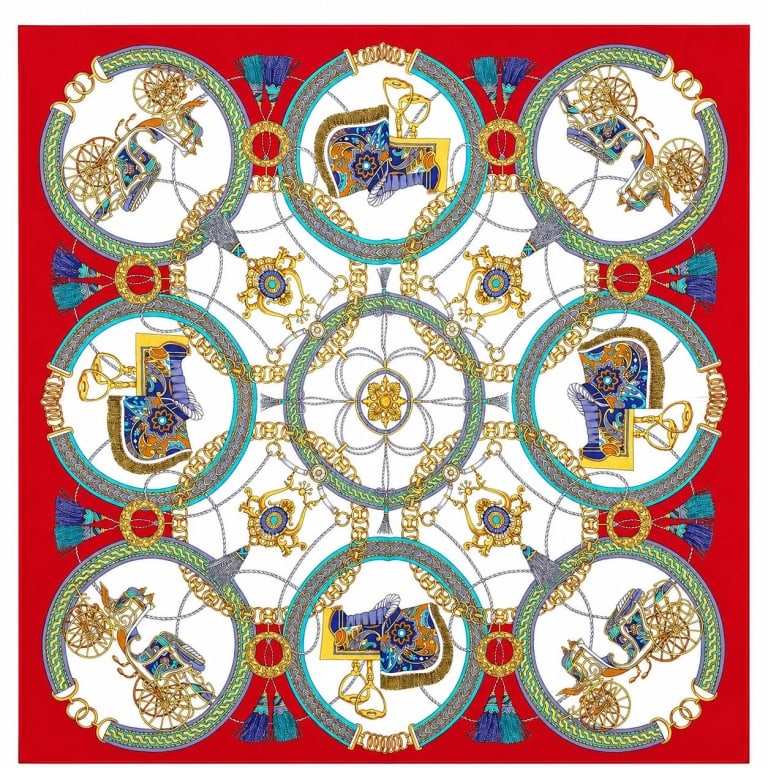 HERMES INSPIRED EQUESTRIAN SILK SCARF 18": Elegant vintage-style silk scarf featuring a richly detailed HERMES-inspired equestrian motif with ornate horse-drawn carriages, bridles, reins, chains, tassels, medallions and classical harness eleme
