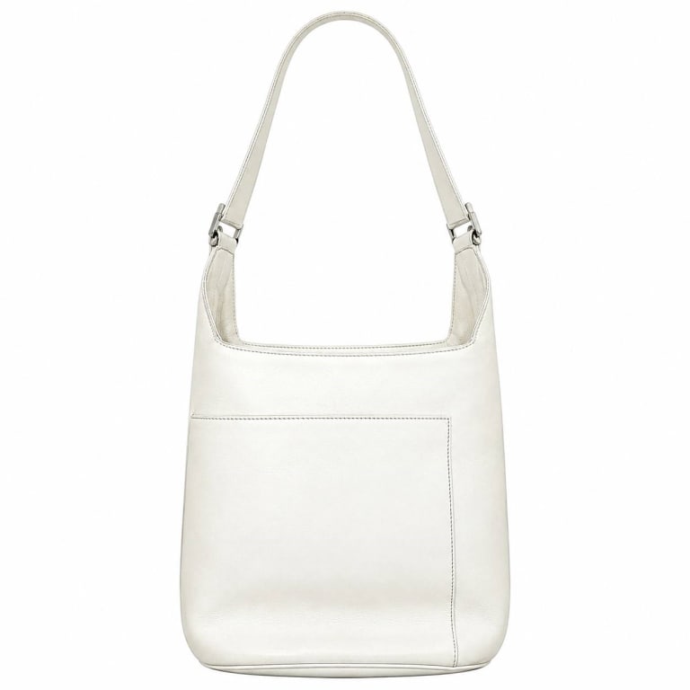 SALVATORE FERRAGAMO WHITE LEATHER HOBO 11": Vintage Salvatore Ferragamo shoulder/hobo bag crafted in soft white to ivory leather with a streamlined curved silhouette. Features an adjustable leather shoulder strap with polished silver-tone Ferra