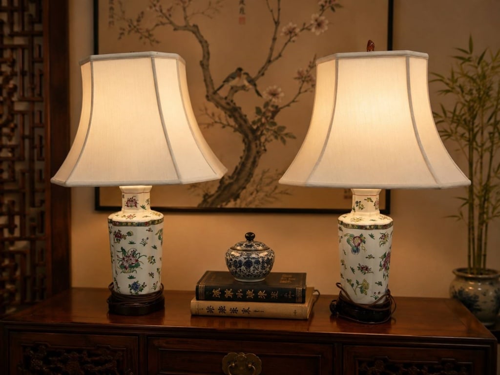 PAIR CHINESE FAMILLE ROSE PORCELAIN LAMPS 27": Pair of vintage Asian-style porcelain table lamps featuring colorful famille rose-inspired floral decoration on white porcelain bodies. Each lamp displays lotus blossoms, peonies and assorted flowerin