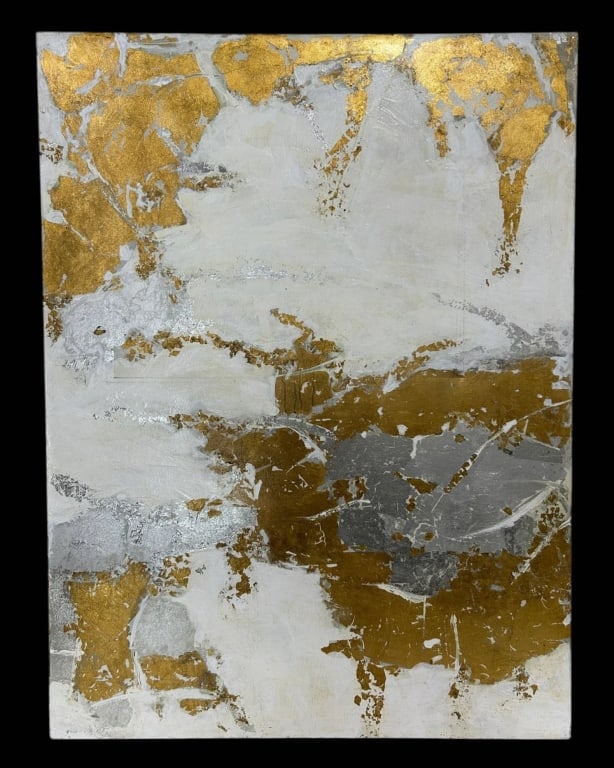 LARGE GOLD SILVER WHITE ABSTRACT CANVAS 48": Large contemporary abstract mixed-media painting on canvas featuring a sophisticated palette of white, metallic gold and silver. The composition is heavily textured with broad gestural passages, layer