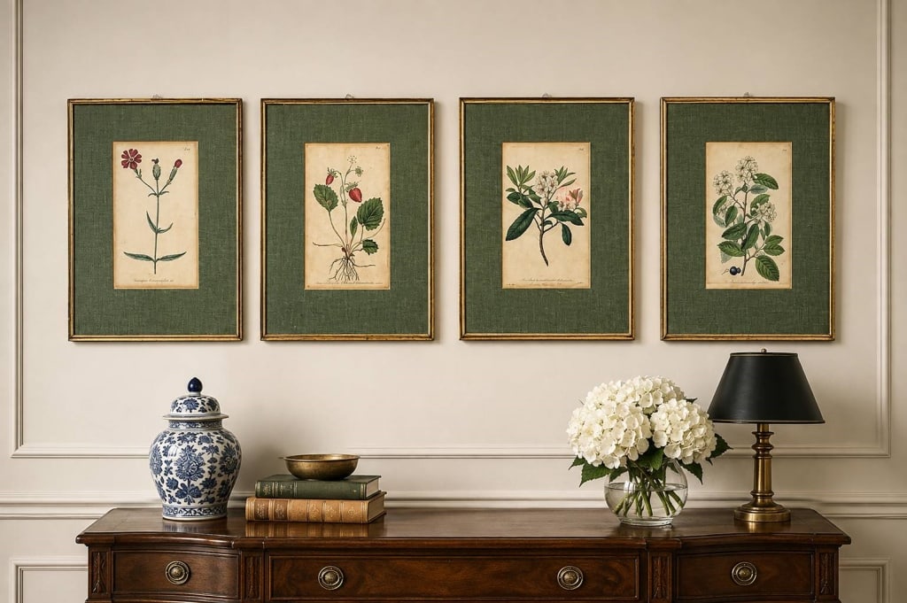 SET OF 4 W. CURTIS BOTANICAL PRINTS 14": Set of four framed botanical prints after late 18th-century botanical illustrations, including flowering and fruiting plant studies. One visible plate is marked "Pub. by W. Curtis St. Geo. Crescent Se