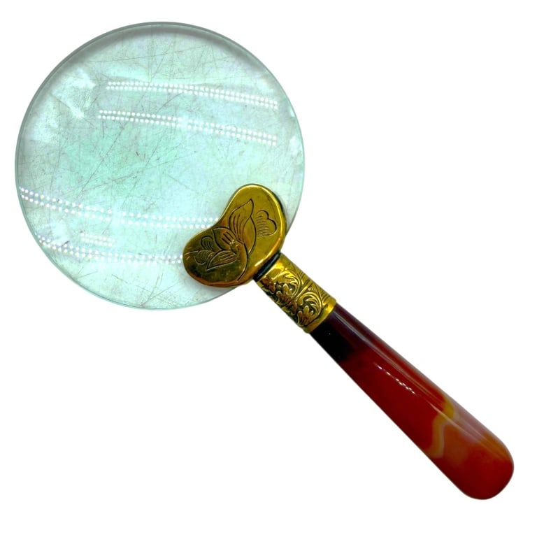 ANTIQUE BRASS & AMBER MAGNIFYING GLASS 5" (1 of 3)