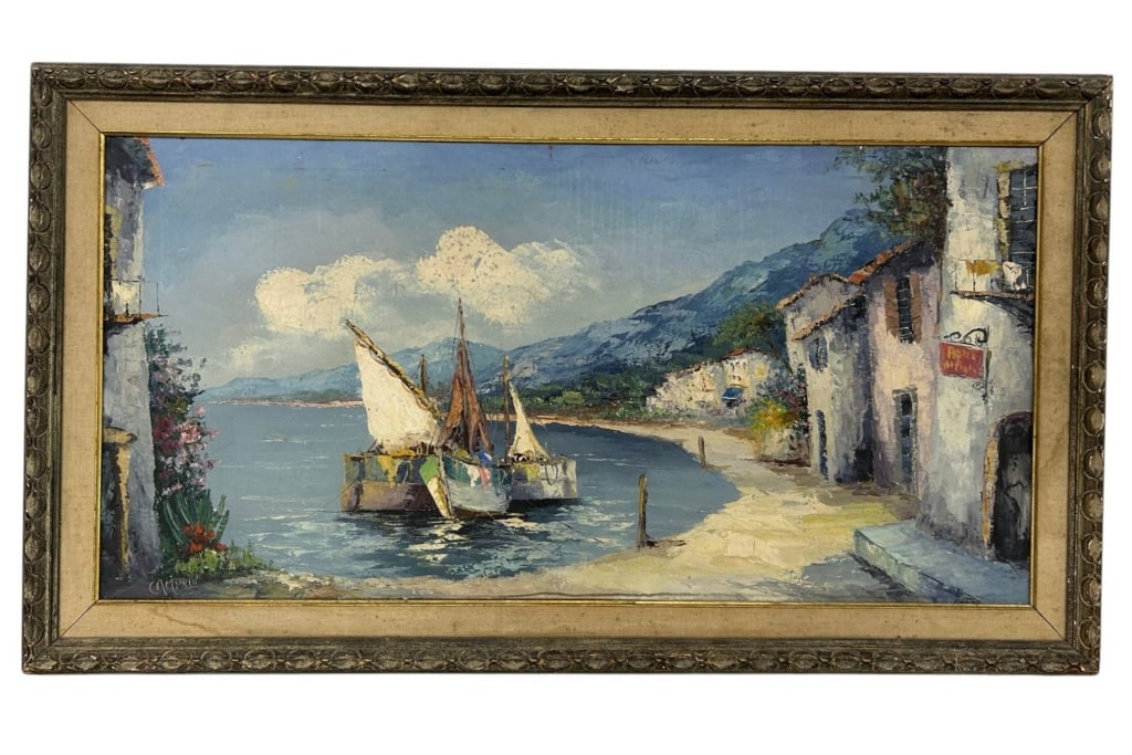 SIGNED CAMPRIO COASTAL HARBOR PAINTING 55": Large signed coastal harbor painting depicting a picturesque Mediterranean-style waterfront village with sailboats moored along a sunlit shoreline and mountains rising in the distance. Executed with e