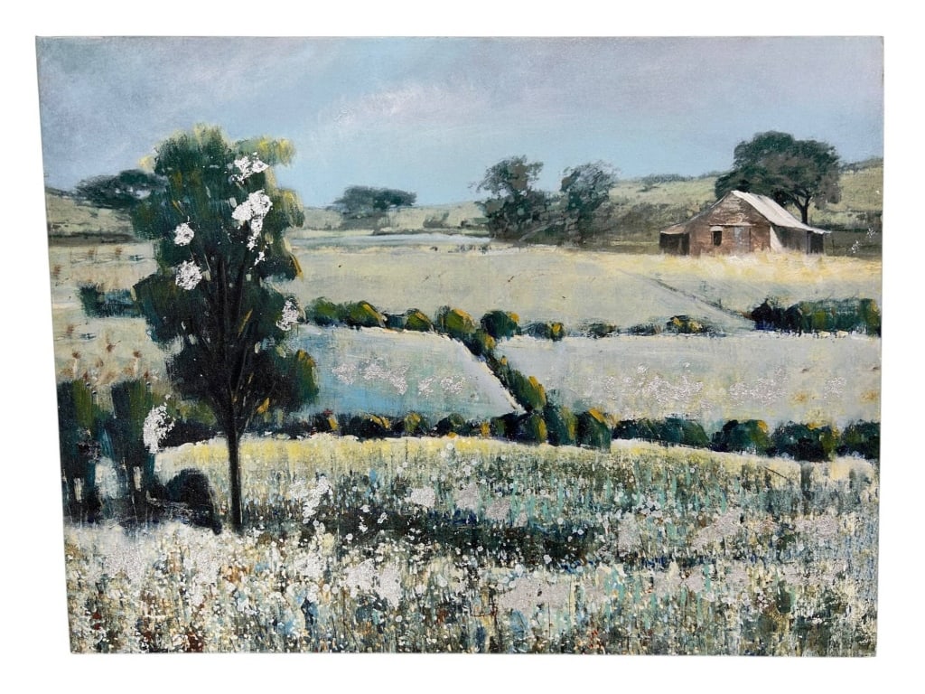 DECORATIVE HAND EMBELLISHED LANDSCAPE 40": Large decorative hand-embellished print on canvas depicting a serene pastoral landscape with rolling fields, mature trees, a winding country road and rustic farmhouse beneath a pale blue sky. The prin