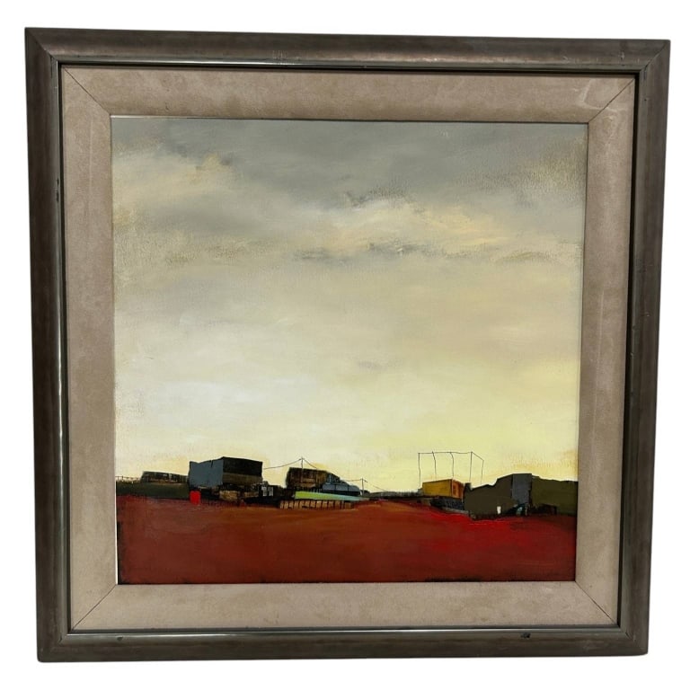 SIGNED MID-CENTURY MODERN STYLE LANDSCAPE 26": Mid-century modern signed landscape painting depicting a stark industrial or rural horizon beneath an expansive atmospheric sky. The composition features a dramatic rust-red foreground with a low line