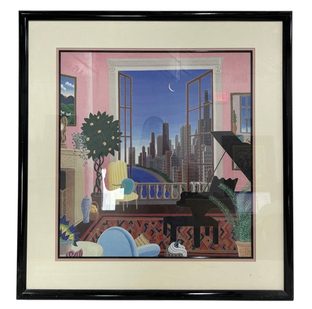 THOMAS MCKNIGHT NEW YORK INTERIOR PRINT 34": Thomas McKnight (American, b. 1941) framed print depicting an elegant Manhattan interior opening onto a dramatic nighttime New York City skyline. The richly colored composition features a grand piano,