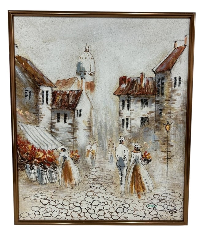 SIGNED CHEZAL EUROPEAN STREET SCENE 24.5": Charming vintage European street scene painting on textured board, signed in green at the lower right. The composition depicts an old-world cobblestone village street with figures strolling among flow