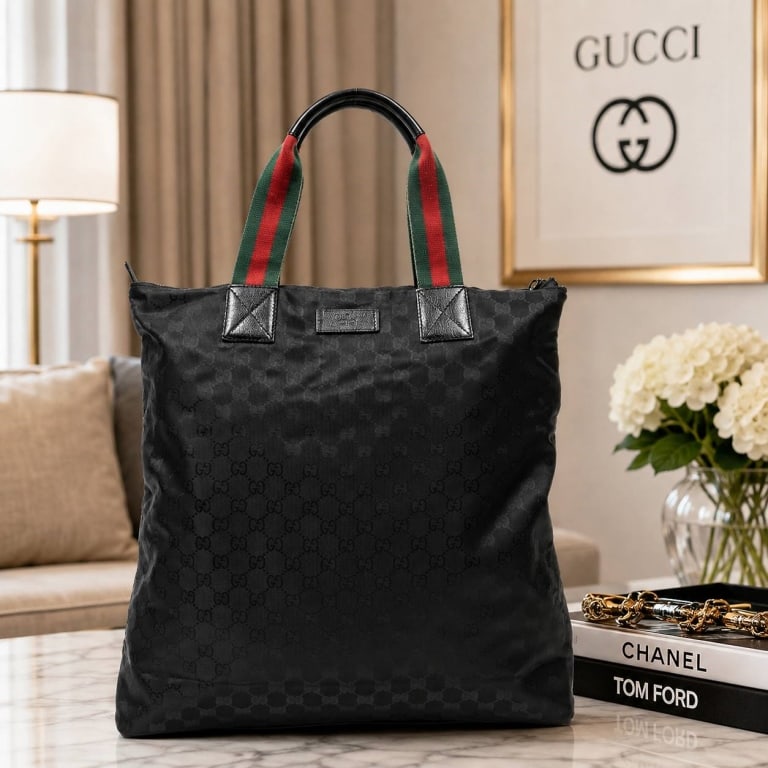 GUCCI BLACK GG NYLON VERTICAL TOTE 16": GUCCI BLACK GG NYLON VERTICAL TOTE 16" | | GUCCI tall vertical tote crafted in black GG monogram nylon with black leather trim and the iconic green and red Web stripe handles. The structured vertical 