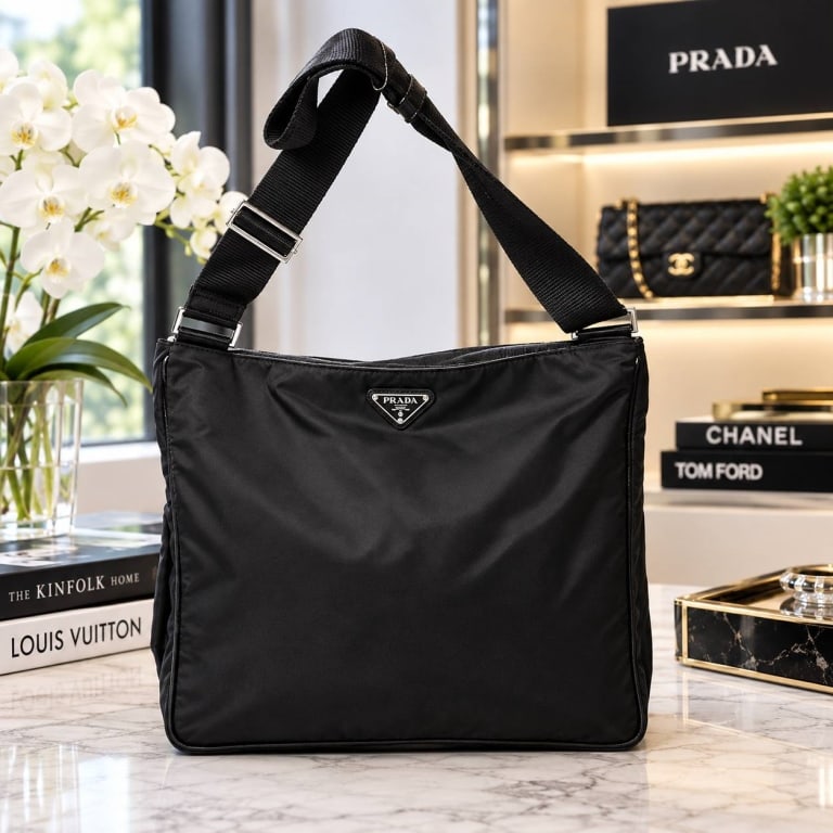 PRADA BLACK NYLON MESSENGER BAG 13.8": PRADA BLACK NYLON MESSENGER BAG 13.8" | | PRADA black nylon messenger shoulder bag featuring the brand?s signature triangular logo plaque at the front. Designed in durable black nylon with tonal trim,
