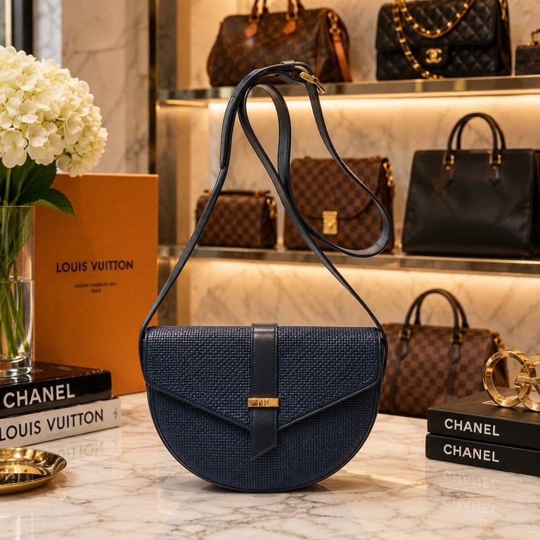 YVES SAINT LAURENT VINTAGE HALFMOON BAG: YVES SAINT LAURENT VINTAGE HALFMOON CROSSBODY 9.1" | | YVES SAINT LAURENT vintage half-moon flap crossbody bag featuring a structured curved silhouette in dark navy to black textured material with mat