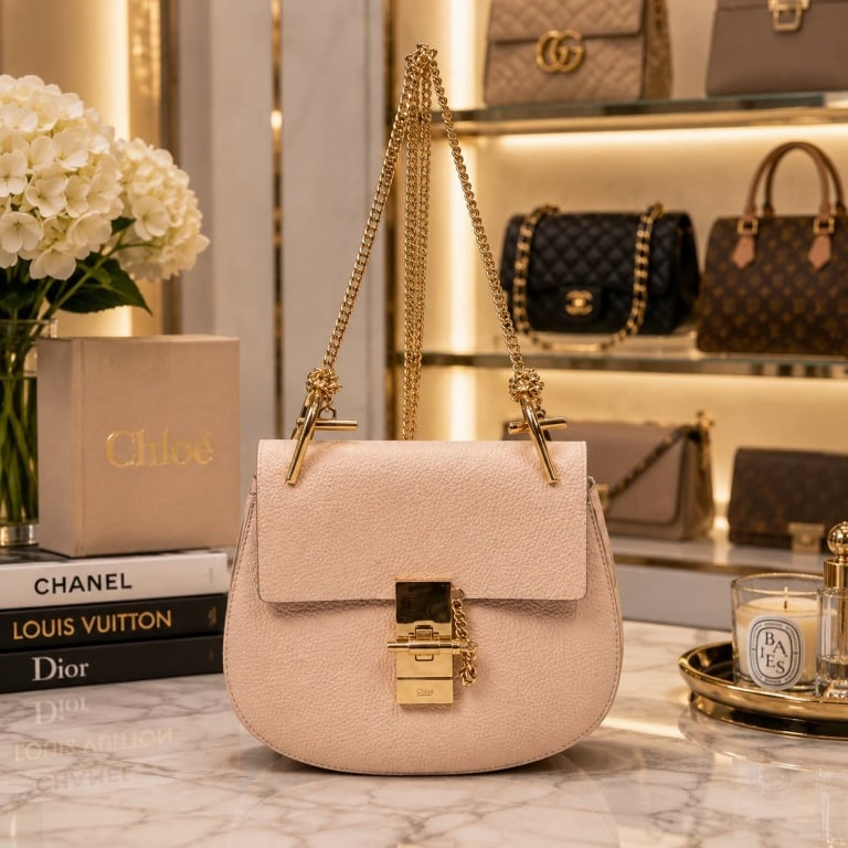 CHLOE DREW BLUSH LEATHER CHAIN BAG: CHLOE DREW BLUSH LEATHER CHAIN BAG 7.5" | | CHLOE Drew shoulder bag crafted in blush pink pebbled leather with polished gold-tone hardware. This iconic rounded saddle silhouette features a structured 