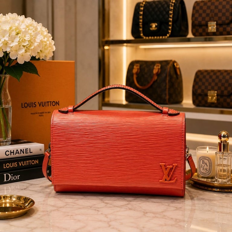 LOUIS VUITTON CLERY POCHETTE RED EPI: LOUIS VUITTON CLERY POCHETTE RED EPI 9.3" | | LOUIS VUITTON Clery Pochette crafted in vibrant red Epi leather with the house's distinctive textured grain. This compact structured shoulder bag features