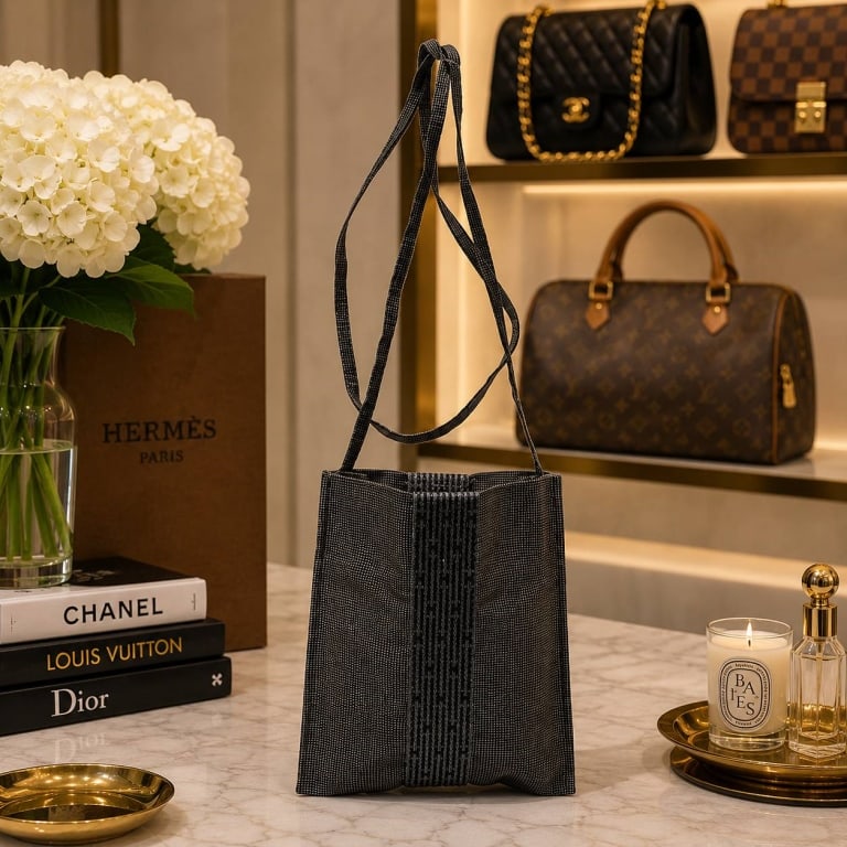 HERMES HERLINE POCHETTE PM BLACK: HERMES HERLINE POCHETTE PM BLACK 7.5" | | HERMES Herline Pochette PM crafted in black Toile canvas with the house's signature woven Herline styling. This slim vertical pouch features long fabric shoul