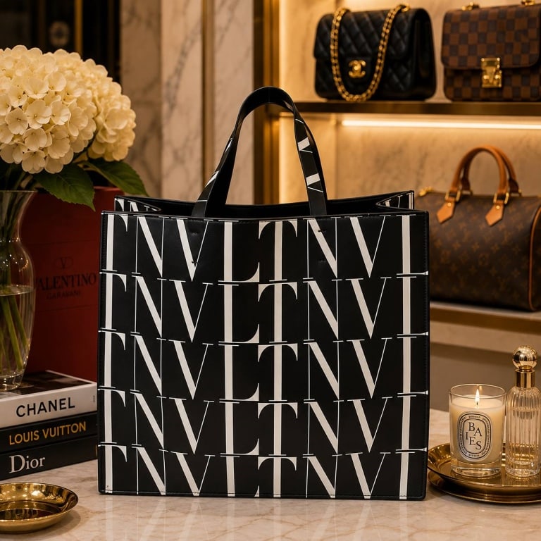 VALENTINO LARGE VLTN TIMES TOTE 15.7": VALENTINO LARGE VLTN TIMES TOTE 15.7" | | VALENTINO GARAVANI Large VLTN Times tote featuring a bold black-and-white all-over VLTN logo print on smooth structured material. The oversized rectangular si
