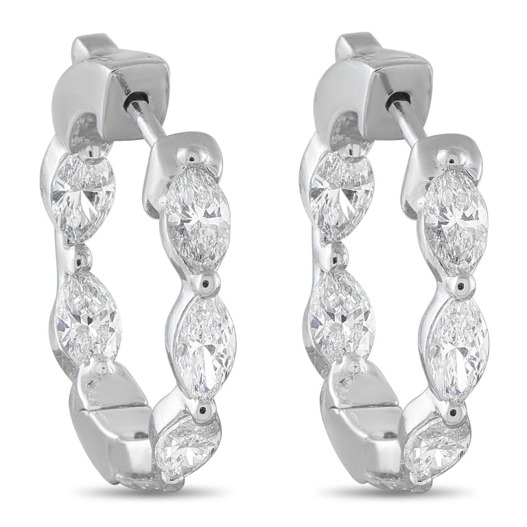 18K WHITE GOLD 2.40CT DIAMOND HOOP EARRINGS: Simple and stylish, these luxury earrings offer unique elegance. Marquise-cut Diamonds with a total weight of 2.40 carats continually catch the light and capture your imagination. Set in 18K White Gol